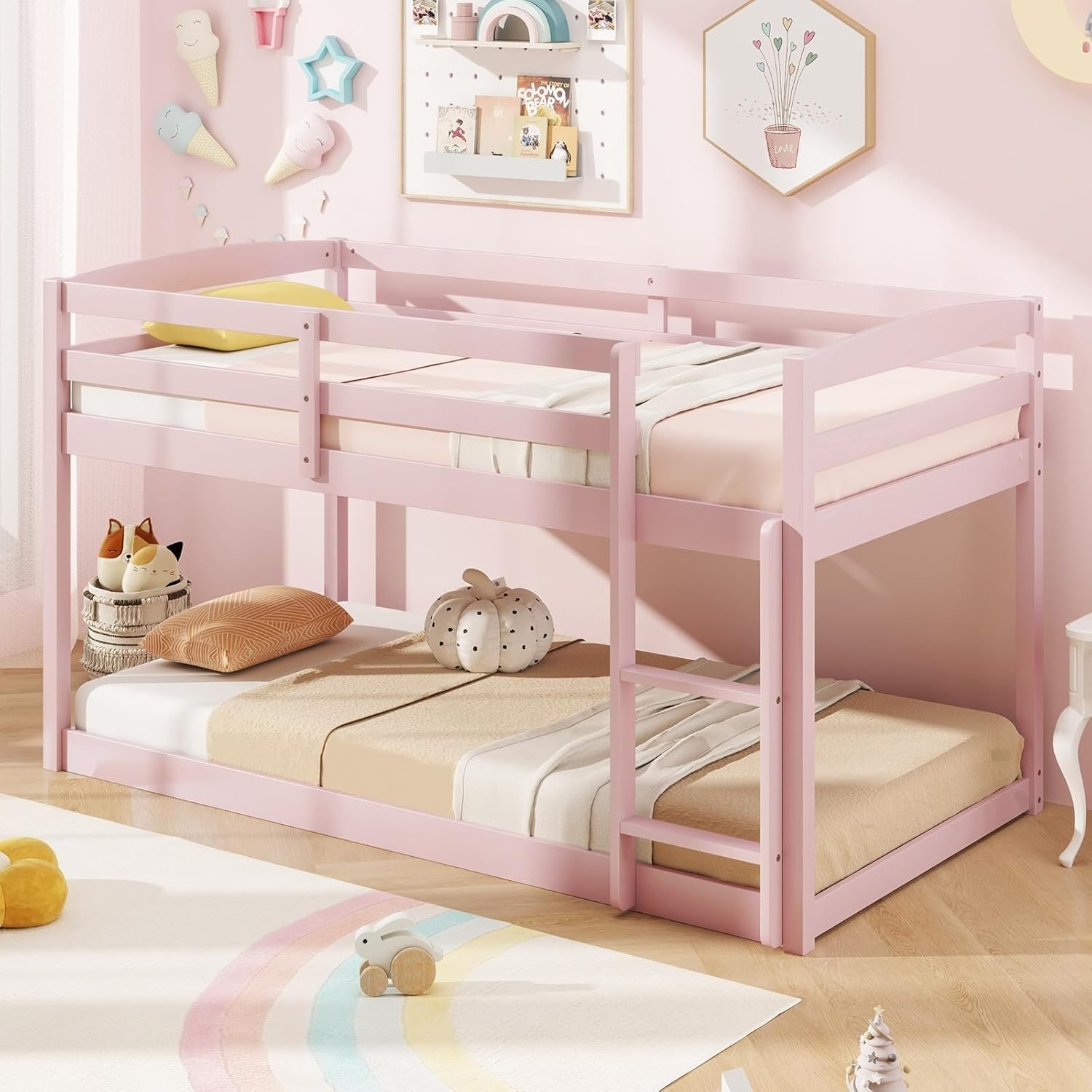 Low Twin Over Twin Bunk Bed with Ladder & Guardrails, Solid Wood Frame, Space-Saving Design for Kids & Teens