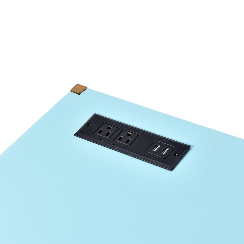 Rectangular Writing Desk with USB Port, Baby Blue and Gold