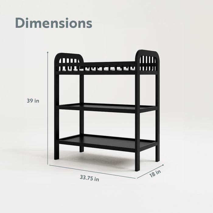 Black Wooden Baby Changing Table with Safety Rail and Water-Resistant Pad for Nursery - 39”H x 33.75”W x 18”D