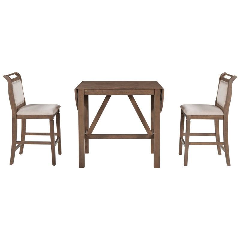 3-Piece Wood Counter Height Drop Leaf Dining Table Set with 2 Upholstered Dining Chairs for Small Place