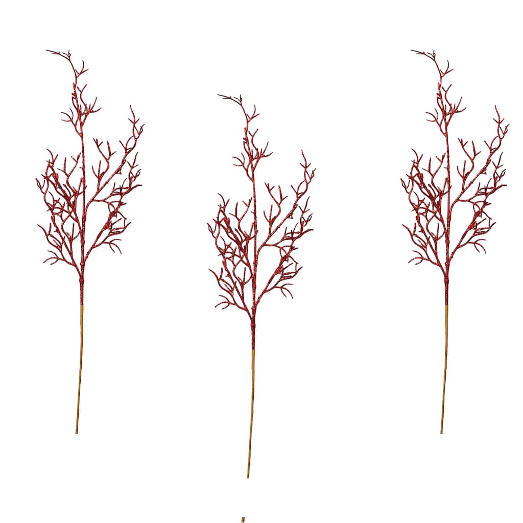 28" Glitter Twig Stem, Red, Set of 3 - Red