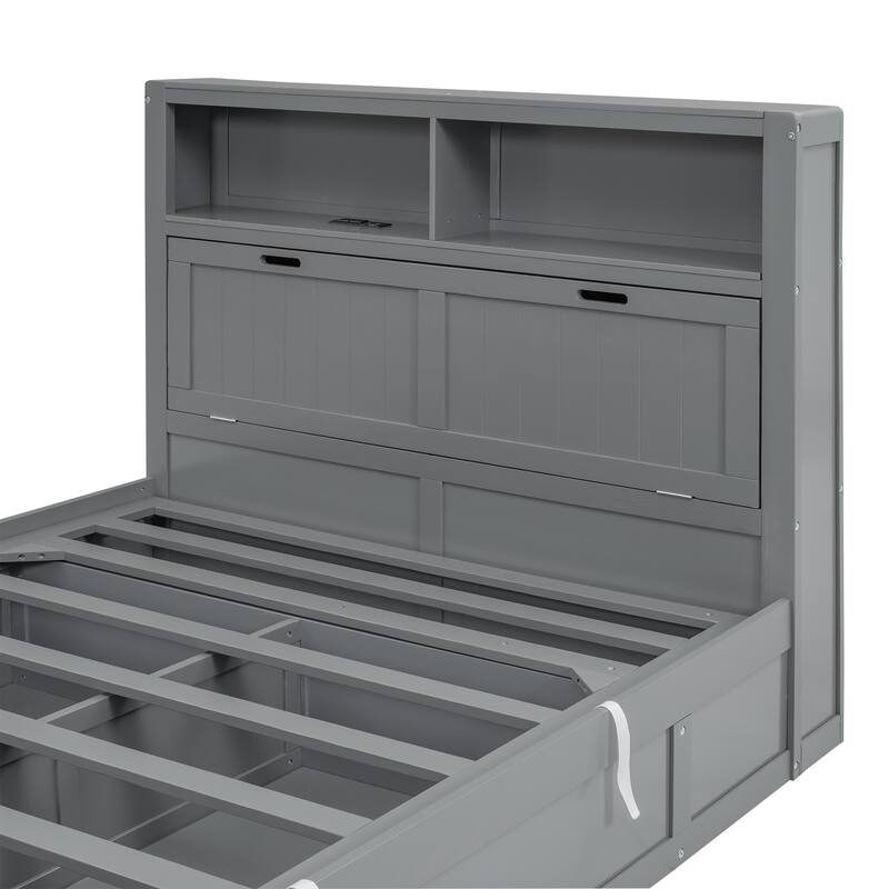 Queen Size Hydraulic Platform Bed with Storage, LED Headboard, Charging Station, and Drawers, Gray