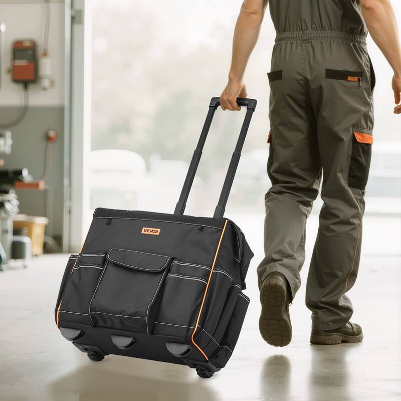 Rolling Tool Bag with 25 Pockets Telescoping Handle for Easy Mobility - 18.11 x 10.62 x 16.92 In