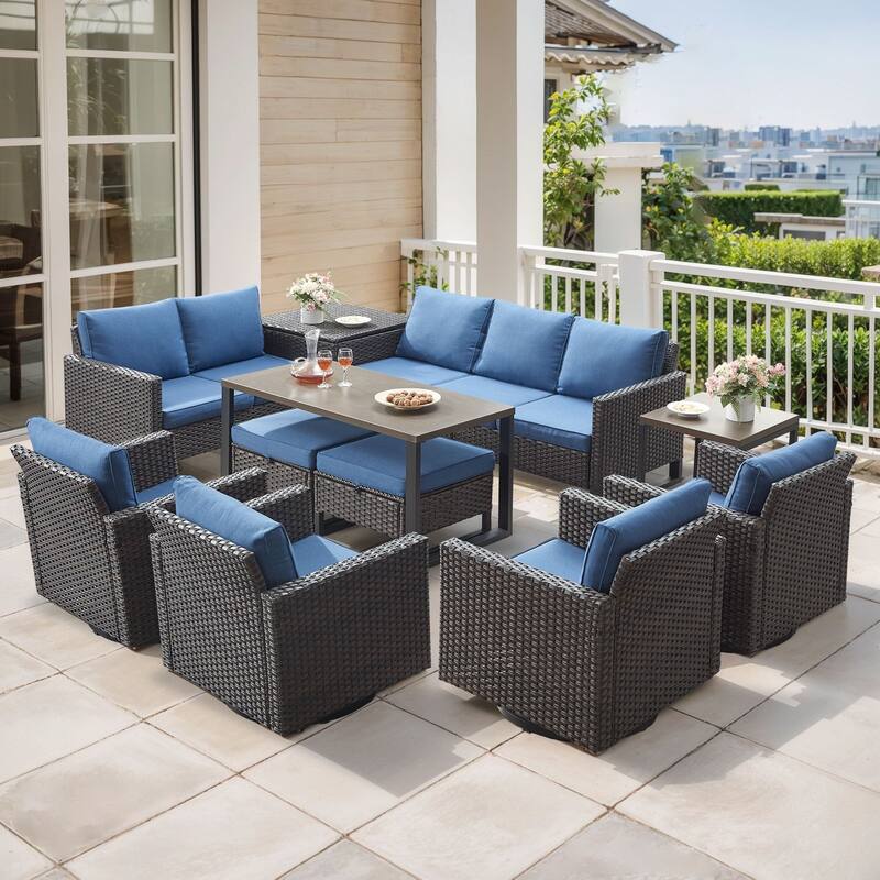 Gymojoy 9 Person Outdoor Courtyard Wicker Family Conversation Set Group With Swivel Chairs And Storage