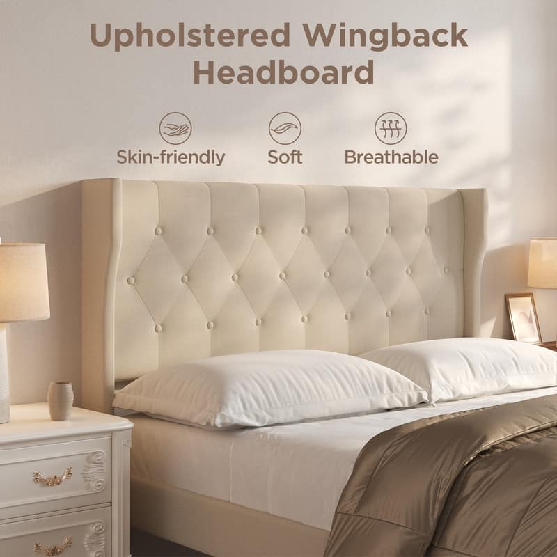 Modern Upholstered Platform Bed Frame, Velvet Bed Frame with Wingback Headboard