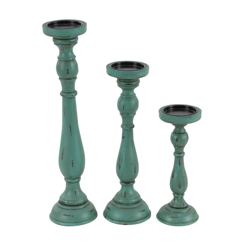 Wooden Candle Holder - Set of 3 Blue - Roche River Decor - 5"W x 5"L x 19"H