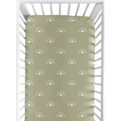 Sage Green Boho Rainbow Collection Boy or Girl Fitted Crib Sheet - White Bohemian Celestial Sky Outdoors Nature Gender Neutral