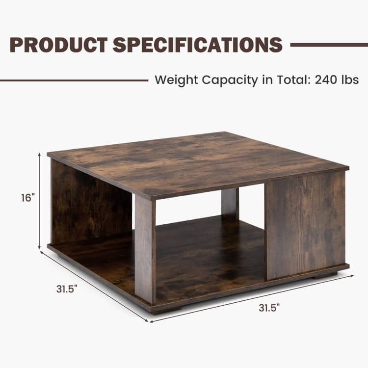 2 Tiers Square Coffee Table with Storage and Non-Slip Foot Pads-Rustic Brown - 31.5" x31.5" x 16"(L x W x H)