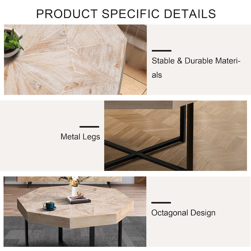 30 Inch Wood Octagonal Vintage Patchwork Craft Farmhouse Coffee Table with Cross Metal Legs