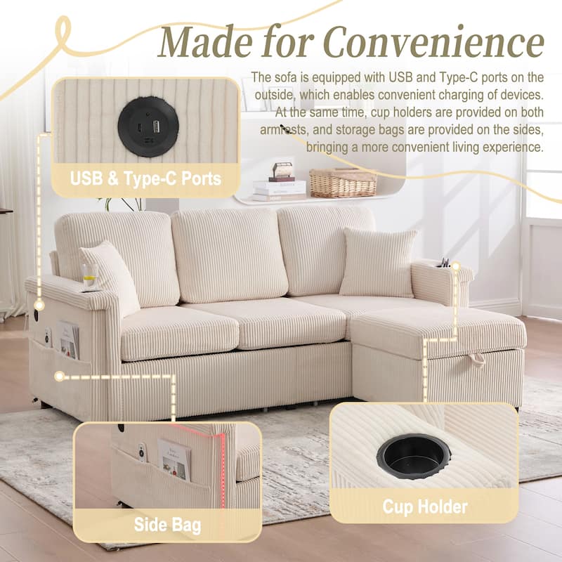 HOMEFUN Corduroy Upholstered L-shaped Pull-Out Storage Sectional Sofa with Storage Ottoman,USB Charging,Cup Holder
