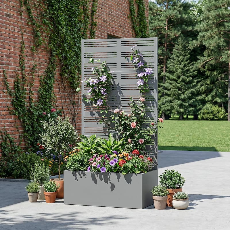 Metal Galvanized Planter Box with Trellis Privacy Screen Lockable Wheels