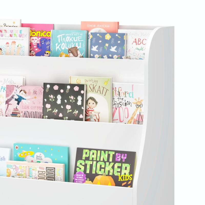 Kids Bookshelf with 3 Fabric Storage Bins - White Wooden Front-Facing Book Display Organizer with Pine Legs