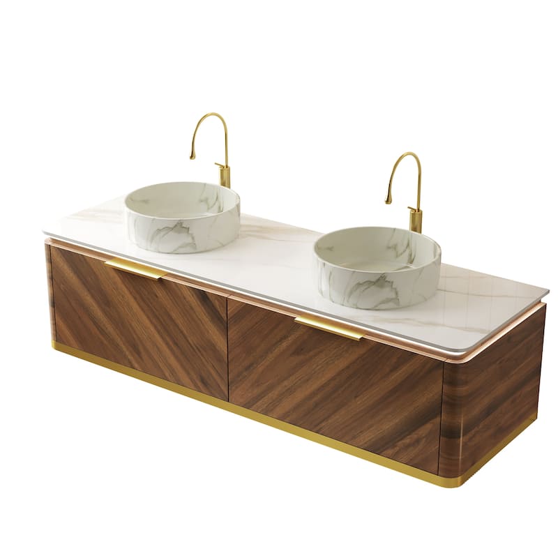 60" Floating Vanity with Smart Sensor Light, Stone Top and Vessel Sink