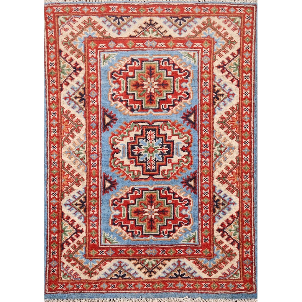 Traditional Kazak Foyer Rug Hand-Knotted Blue Wool Carpet - 2'0" x 2'9"
