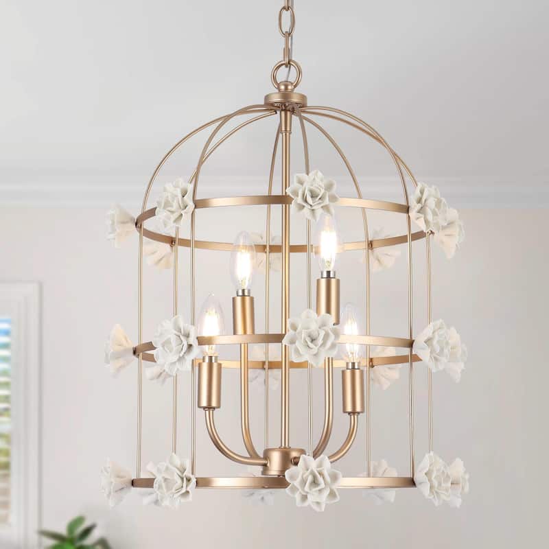 Veitchii Modern Glam Bird Cage Gold Chandelier 4-light with White Ceramic Gardenia