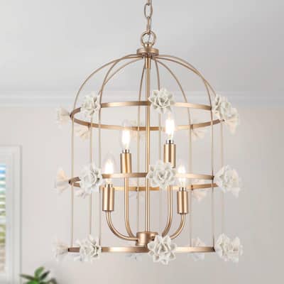 Veitchii Modern Glam Bird Cage Gold Chandelier 4-light with White Ceramic Gardenia