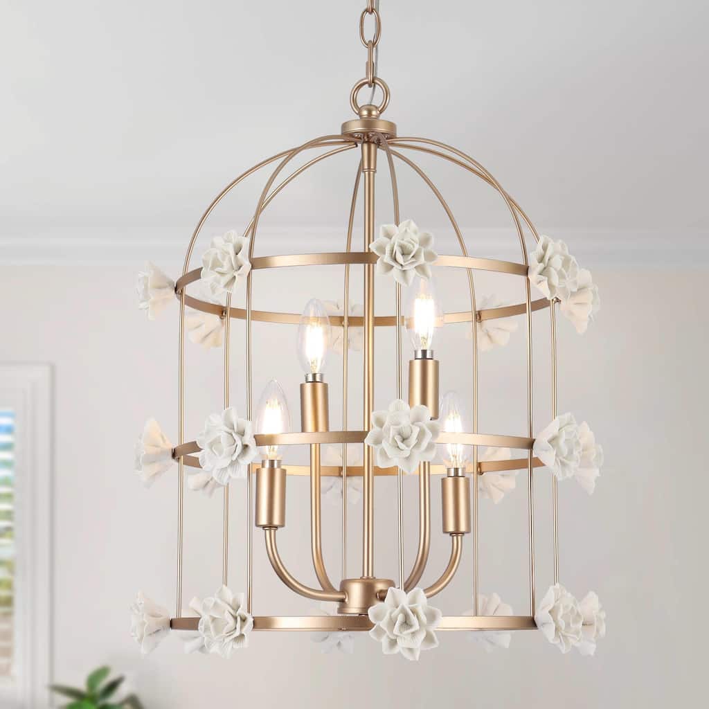Veitchii Modern Glam Bird Cage Gold Chandelier 4-light with White Ceramic Gardenia