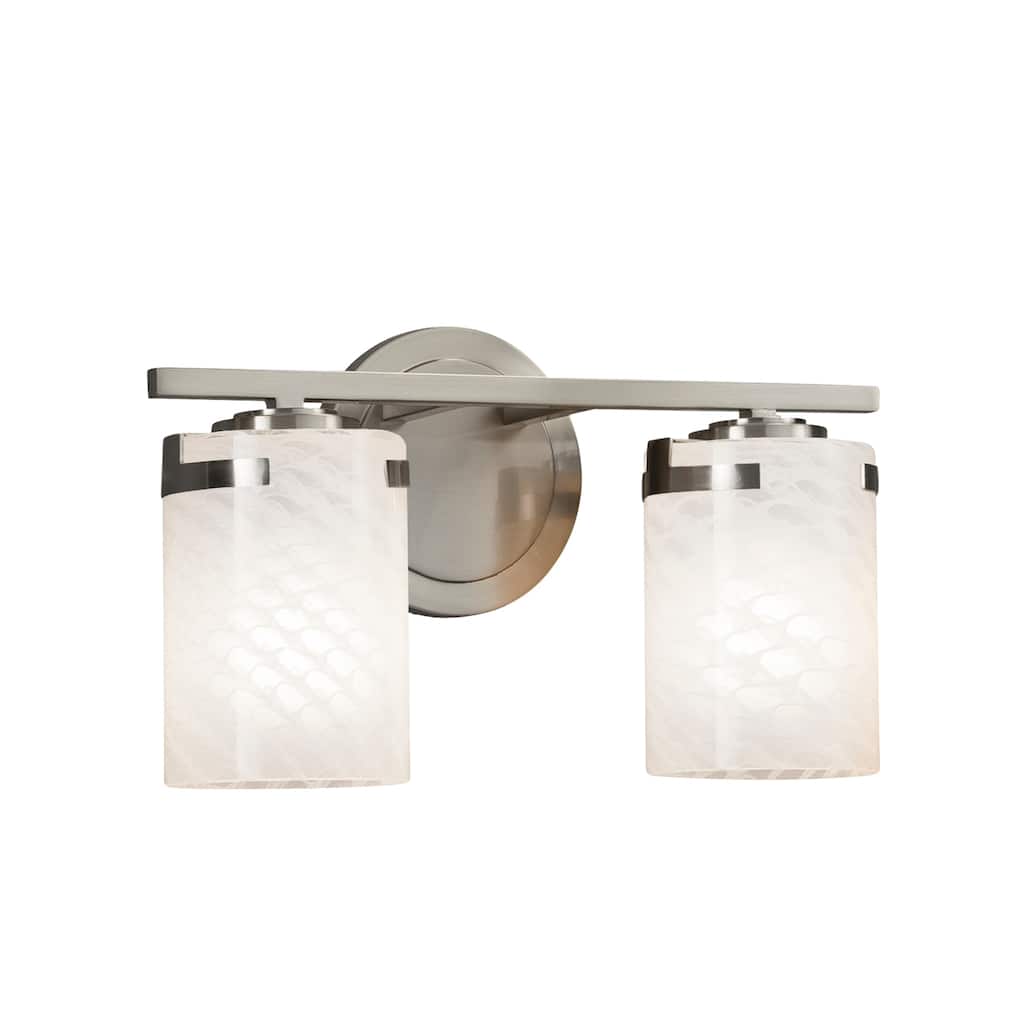 Justice Design Fusion Atlas 2-light Brushed Nickel Bath Bar, Weave Cylinder - Flat Rim Shade