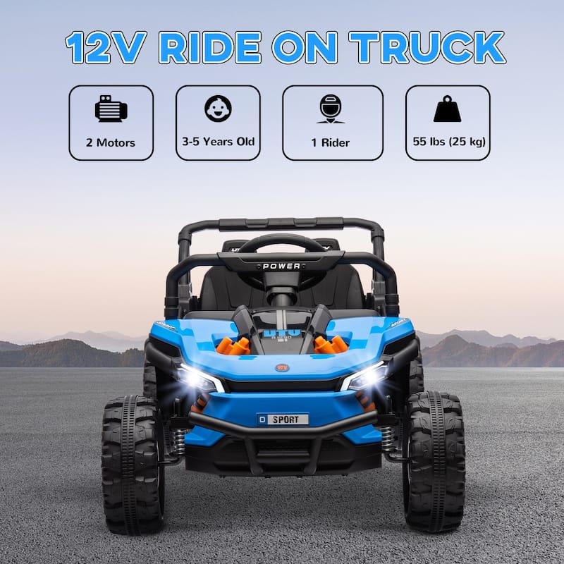 12V Kids Electric Car with Parent Remote, Blue Ride-On Car Off-Road Toy Car All-Terrain Car with LED Light