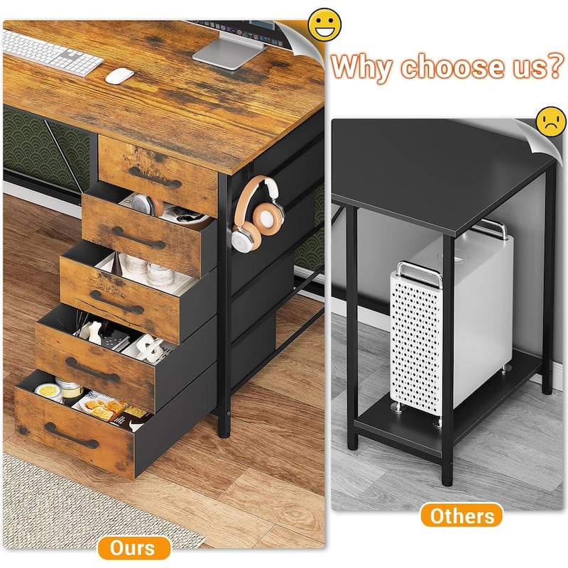 L Shaped Gaming Desk Computer Desk Pegboard 5 Drawers Storage Shelf