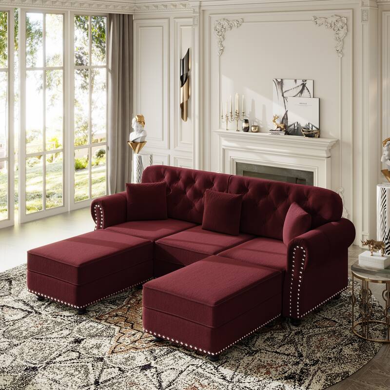 Mid Century Modern Couch, Velvet Chesterfield Sofa Button Tufted Oversized Loveseat Sofa with Nailhead Trim & Roll Armrests - Burgundy - 3 Seat+2 Ottoman