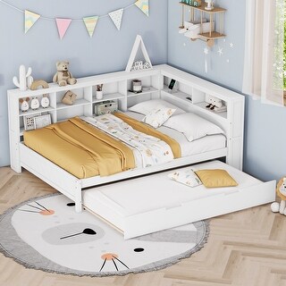 Full Size DayBed Kids Bed with Trundle and Shelf and USB Charging,White