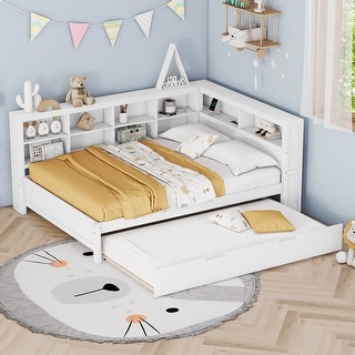 Multi-Shelf Daybed Bookcase Bed Frame with Trundle Bed-Full, White