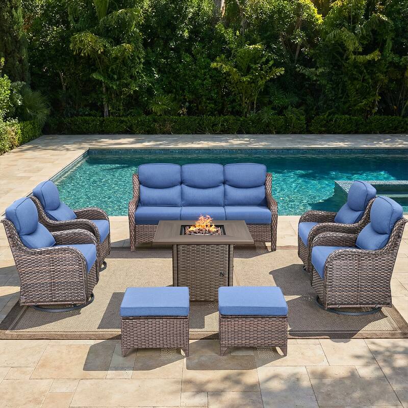 Pocassy Outdoor Propane Fire Table w/ Sofa Swivel Chair Ottoman Funiture Set. - Brown Wicker Blue Cushion - 8-Piece Sofa Swivel Chair Ottoman w/ Fie Table