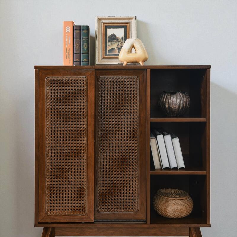 Mid-Century Rattan Sideboard Buffet Cabinet with Adjustable Shelves and Solid Wood Legs for Kitchen or Entryway