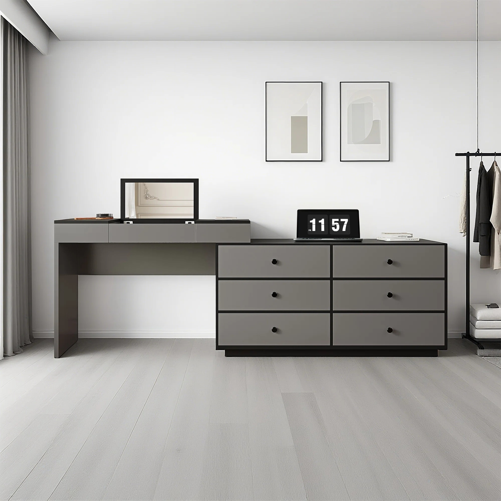 Home Office Storage Expandable Dresser Desk Combo With Flip-Top Makeup Mirror and 6 Storage Drawers