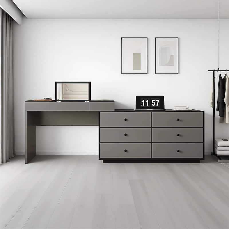 Home Office Storage Expandable Dresser Desk Combo With Flip-Top Makeup Mirror and 6 Storage Drawers