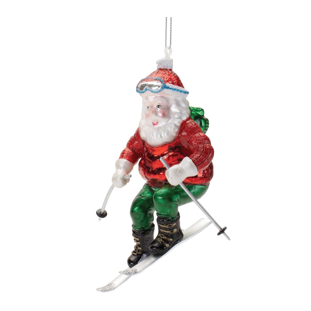 Set of 6 Ski-Themed Glass Santa Ornaments with Glitter Accent and String Hangers Perfect for Holiday Gifts - 4”L x 4”W x 4.5”H