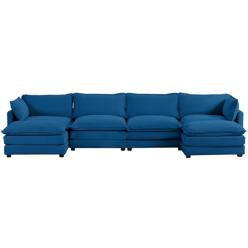 Corduroy Sectional Sofa with Removable Ottomans & Ultra-soft Cushions for Living Room & Bedroom - 4 Seats with 2 Ottomans - Navy