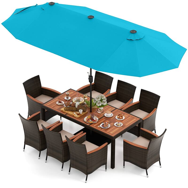 Gymax Set of 11 Patio Dining Set w/ 15ft Double-Sided Patio Umbrella