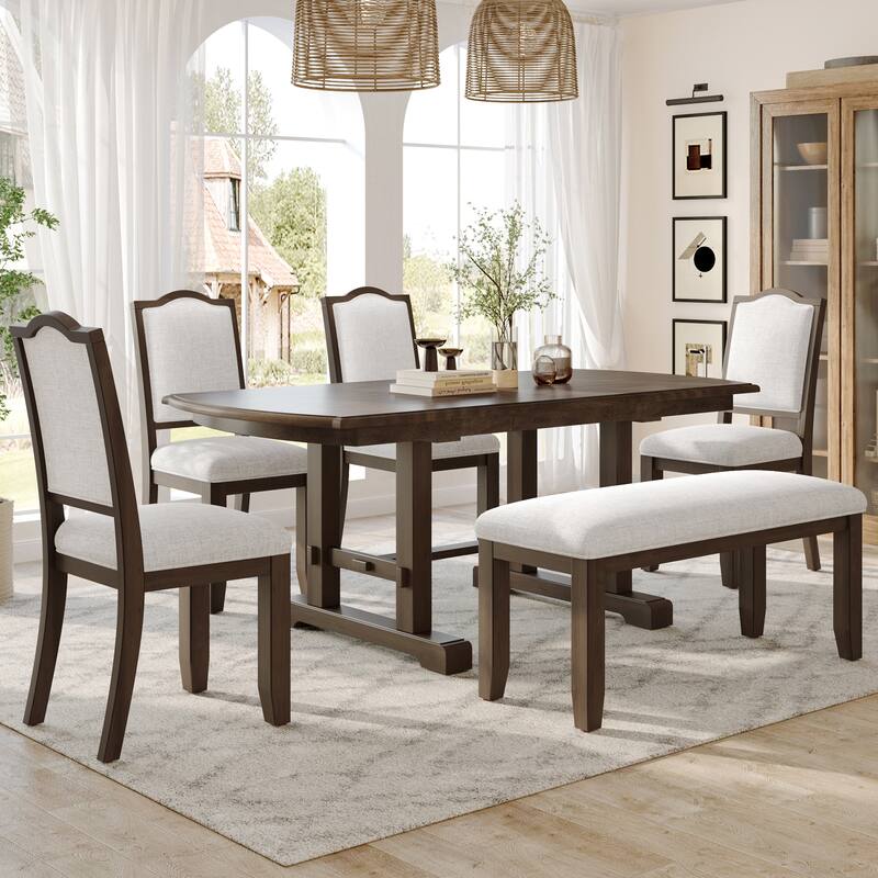 6-Piece Dining Table Set, 60inch to 78inch Extendable Wood Dining Table with Removable Leaf - Beige+Brown