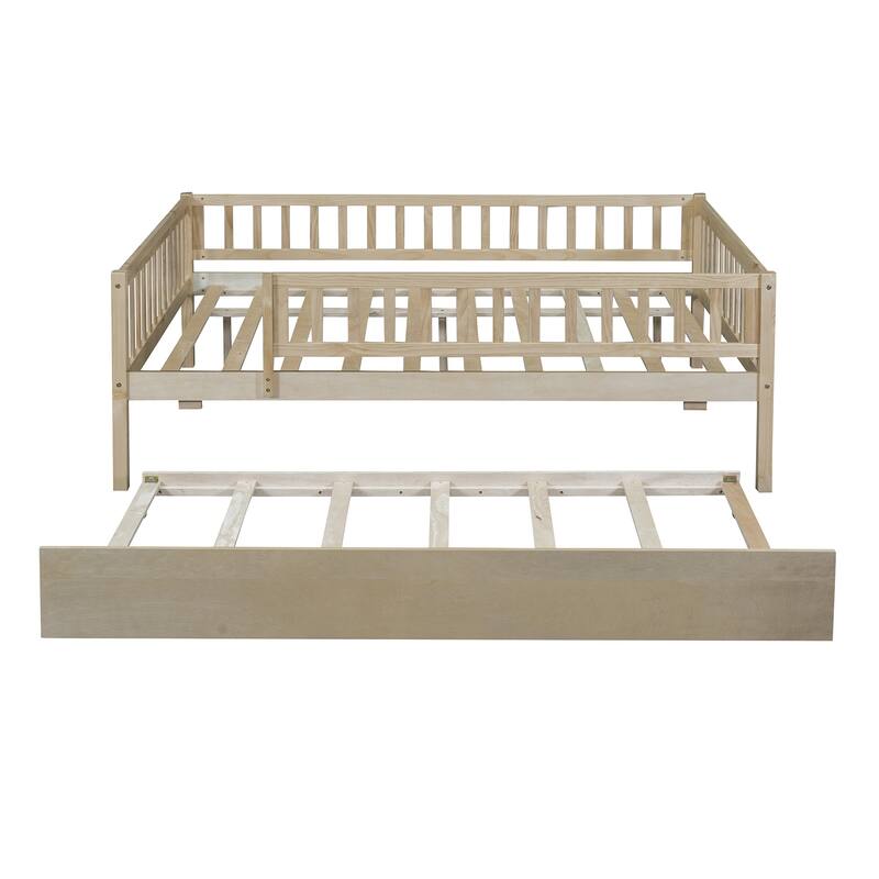 Full Size Wood Daybed with Trundle and Safety Guardrails, Natural Finish