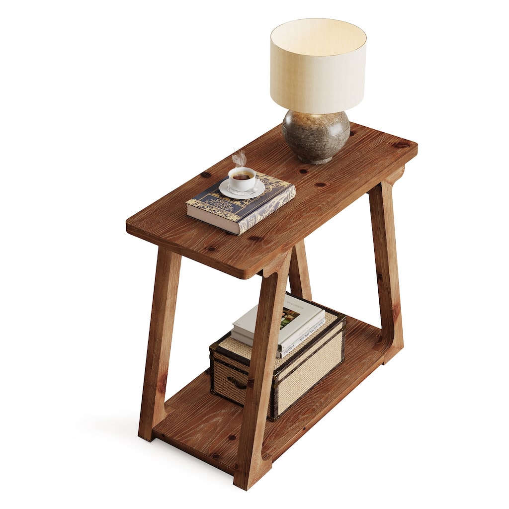 Solid Wood End Table, Narrow Side Table with 2-Tier Storages