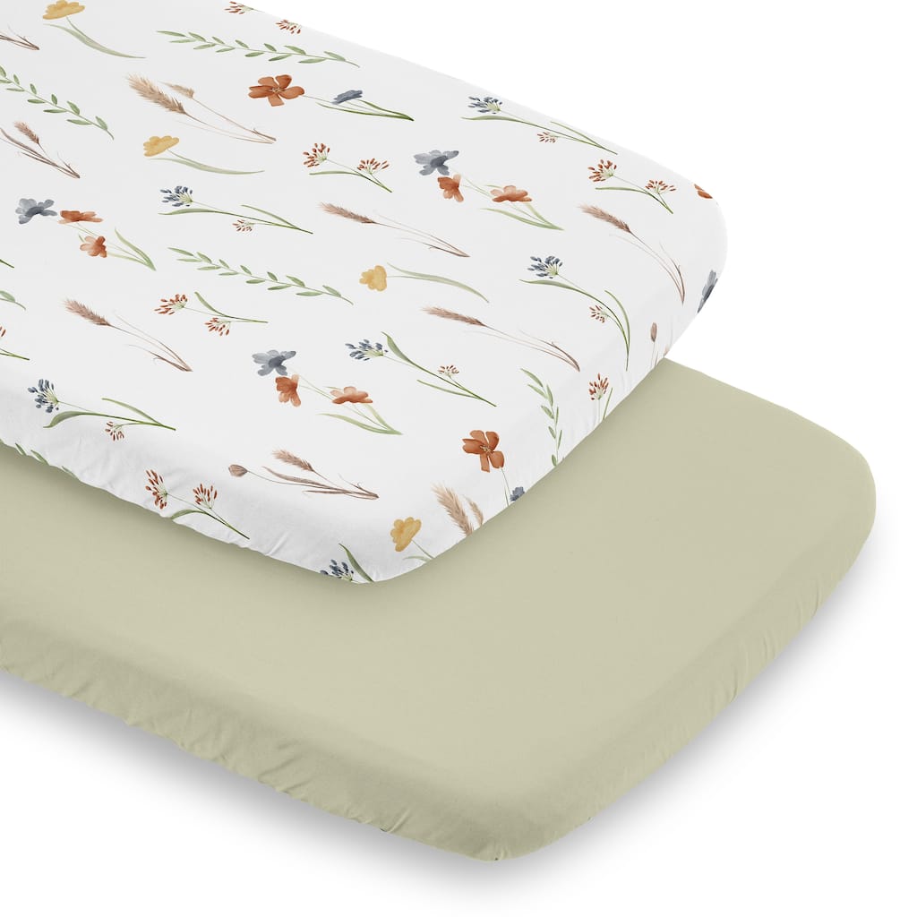 Sweet Jojo Designs Boho Floral Garden Flower Girl 2 Pack Baby Bassinet Fitted Sheets Watercolor Bohemian Floral Farmhouse Chic