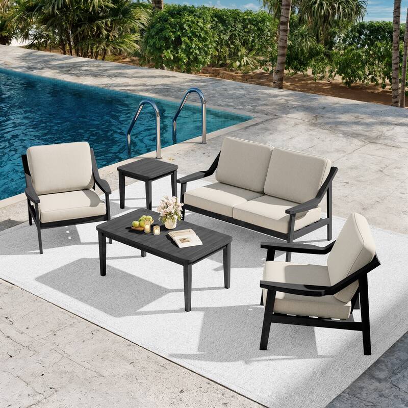 5-piece Adirondack Patio Teak Lounge Chairs Loveseat Conversation Set - BlackFrame-Light Camel