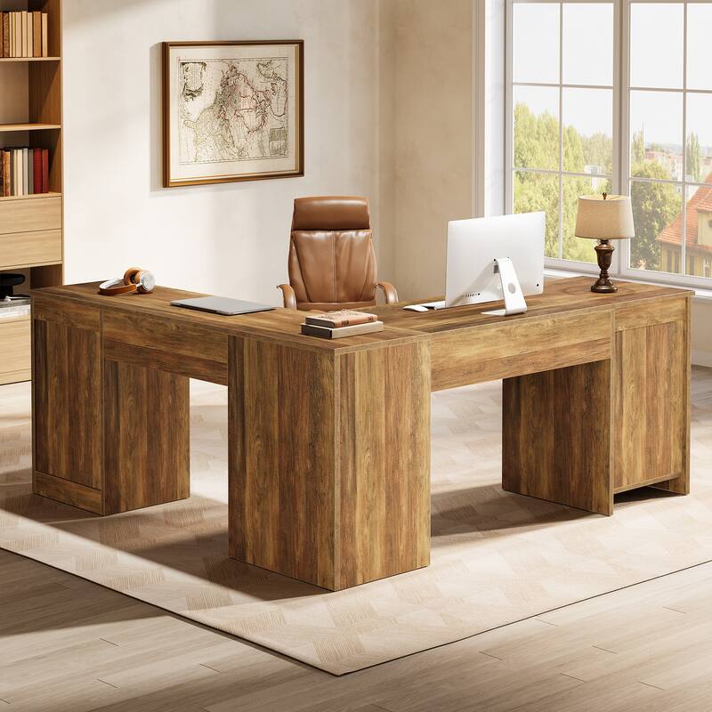 63 Inches Large L Shaped Executive Desk with File Cabinet and Drawer