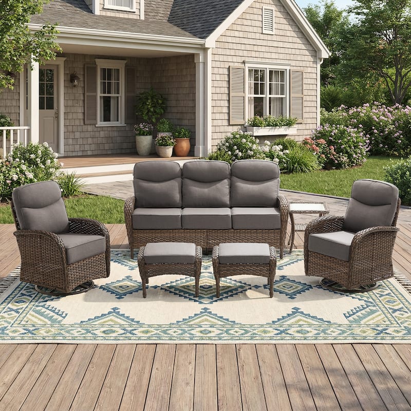 Pocassy Outdoor Sofa Swivel Chair and Ottman with Fire Pit Table - Brown Wicker Gray Cushion - 6-Piece Sofa Swivel Chiar with Ottoman