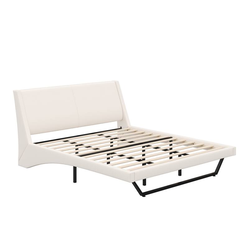 Wave-Like Curve Design Platform Bed Pu Leathe Upholstered Bed Frame Wooden Slat Support