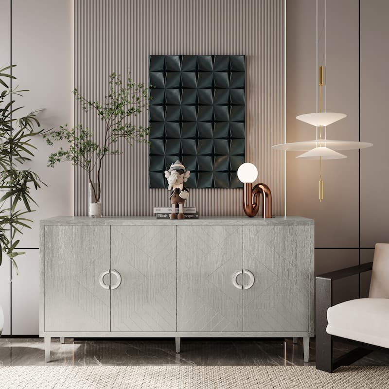 Functional 4-Door Accent Storage Cabinet, Sideboard Buffet Cabinet with Storage Shelves and Pine Legs for Living Room Kitchen - Champagne