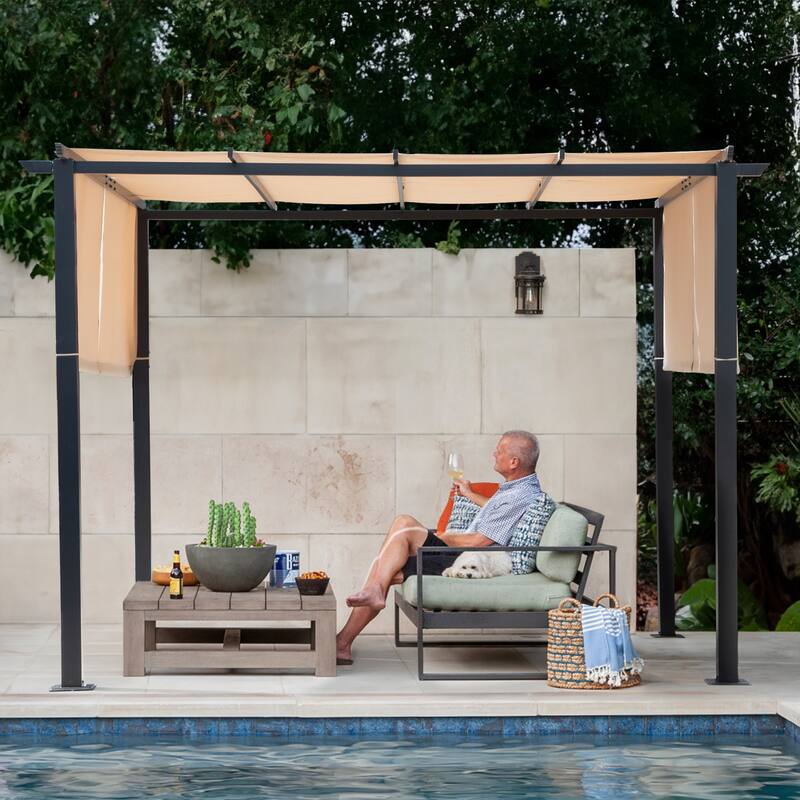Cozywor 10 ft. x 10 ft. Steel Arched Pergola with Beige Shade Canopy