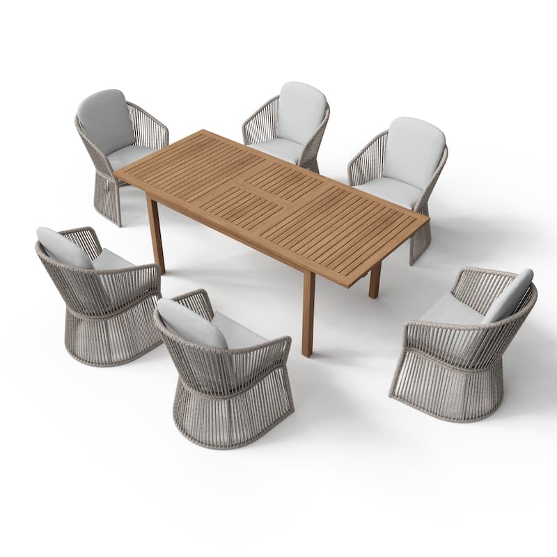 Extendable Wood Outdoor Dining Table Set with 6 PE Wicker Chairs