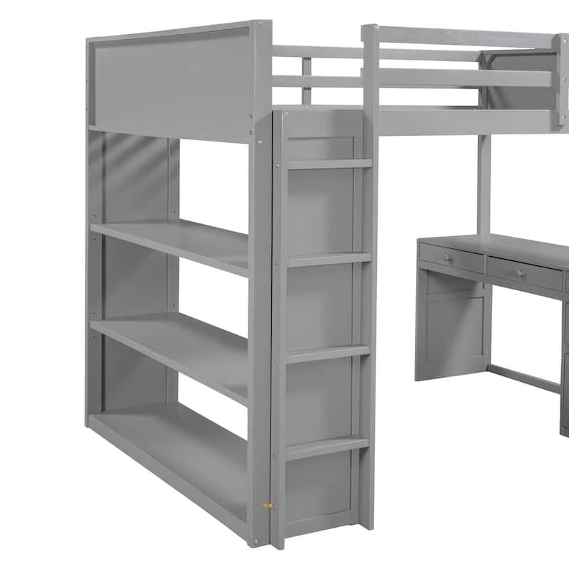 Full Size Loft Bed with Desk, Shelves and Drawers, Space-Saving Multi-Functional Bed Frame with Guardrails and Ladder