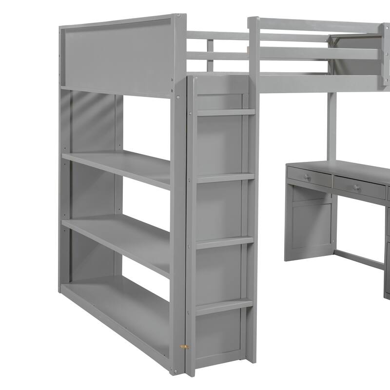 Twin/Full Size Loft Bed with Desk & Shelves for Kids/Adults, Wood Loft Beds w/Guardrails & Ladder for Dorm,Bedroom,Guest Room