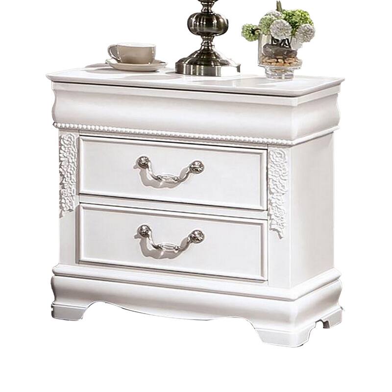 Aleci 24 Inch Nightstand, 2 Drawers, Carved Details, Solid Wood, White