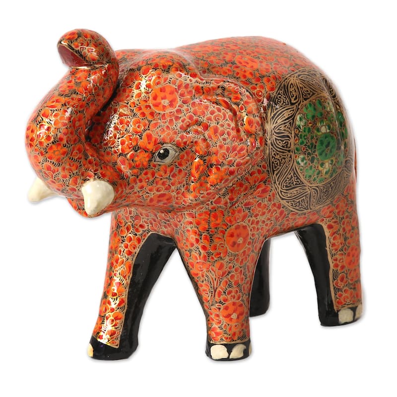 Novica Handmade Cute Baby Elephant In Orange Papier Mache Sculpture
