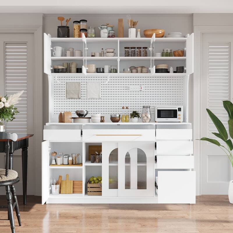 Freestanding Buffet with Adjustable Shelves, Cabinets with Pegboard and Towel Rack, Storage Cabinet with 6 Drawers - White